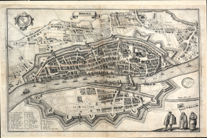 Eine alte Karte von Bremen, Deutschland, mit schwarzem Rand, die detaillierte Straßen, Gebäude und andere Merkmale sowie beschreibenden Text zeigt.