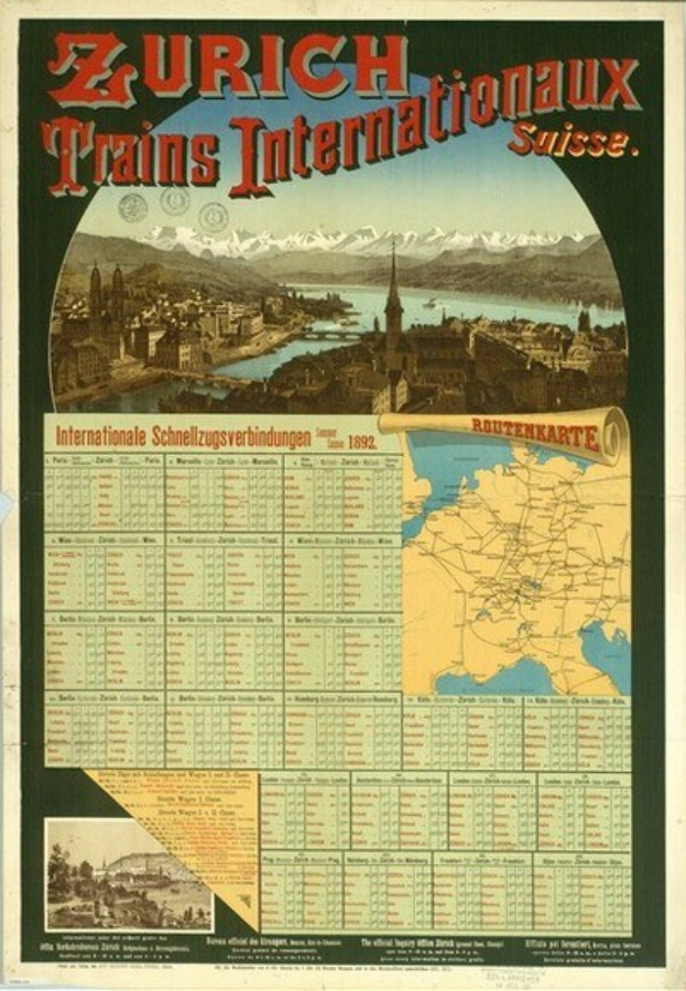 Plakatwerbung für die Zürich Trains Internationalaux mit einer Stadtkarte, Gebäuden, Wasser, Bergen und Text.