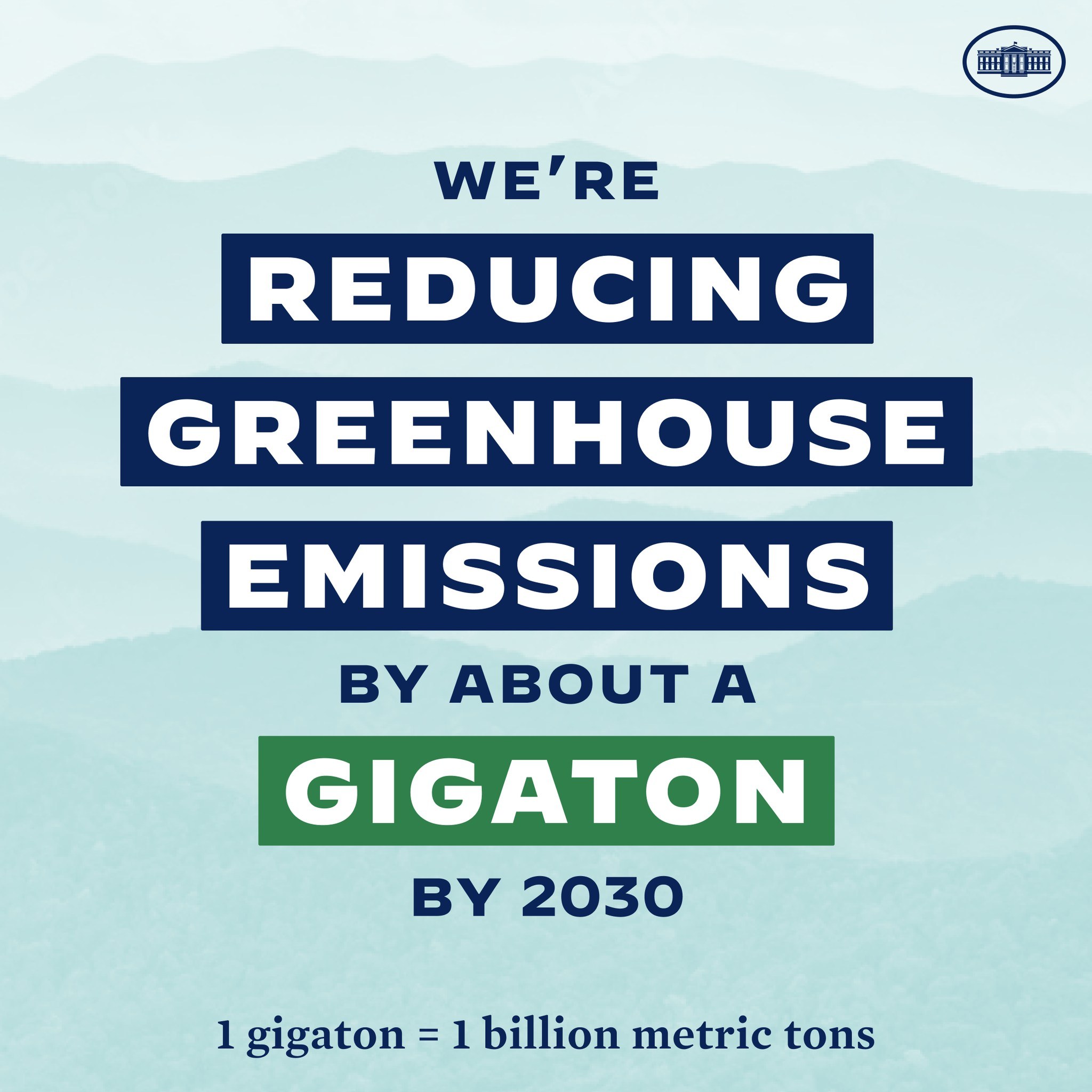 Plakat mit Text und Logo, das 'Wir reduzieren die Treibhausgasemissionen um etwa eine Gigatonne bis 2030' fordert, für die Reduzierung der Treibhausgasemissionen bis 2030.
