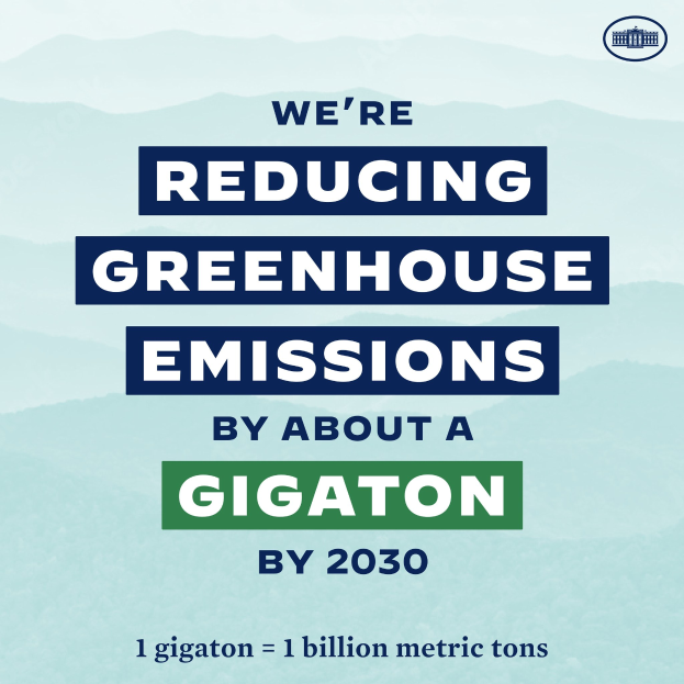 Plakat mit Text und Logo, das 'Wir reduzieren die Treibhausgasemissionen um etwa eine Gigatonne bis 2030' fordert, für die Reduzierung der Treibhausgasemissionen bis 2030.