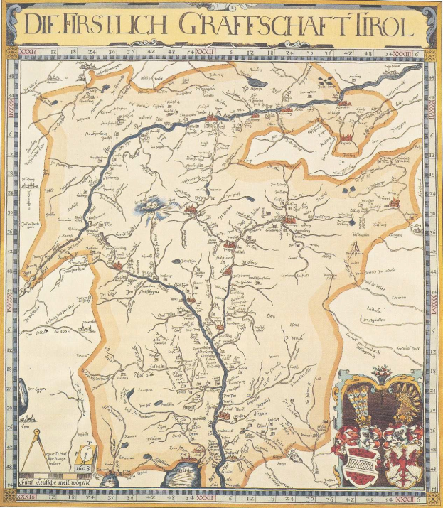 Ausführliches historisches Plakat der ersten Grafschaft Tirol-Karte, das geografische Merkmale wie Flüsse, Berge und Städte zeigt und von begleitendem Text umgeben ist.