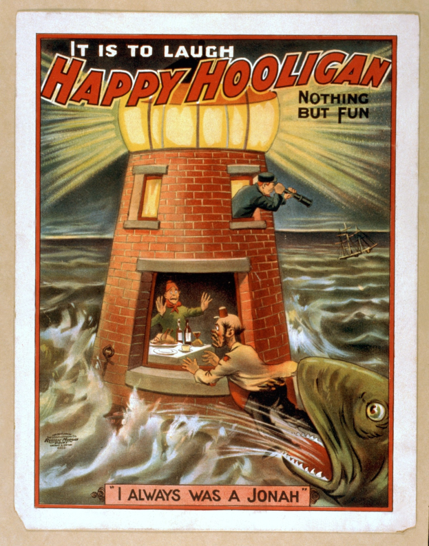 Ein Plakat mit einem Leuchtturm, umgeben von Menschen, einem Fisch und Wasser, mit dem Text "Es ist zum Lachen, fröhlicher Rowdy, nichts als Spaß" oben und unten.