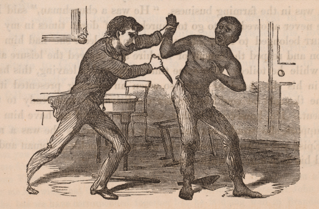 Zwei Männer kämpfen, einer hält ein Messer, mit Stühlen, einem Tisch und Text im Hintergrund.