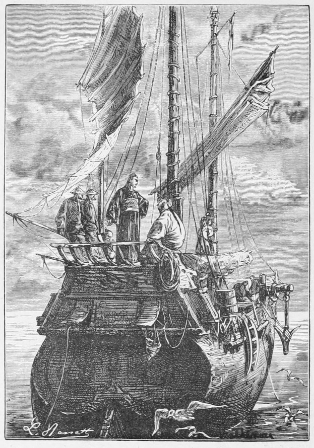 Schwarze Zeichnung eines Bootes mit Menschen in traditioneller Kleidung, die auf blauem Wasser bei Sonnenuntergang segeln, umgeben von wehenden Segeln und verstreuten weißen Wolken in einem tiefblauen Himmel, mit der Beschriftung 'Die Reise der Reise' unten.