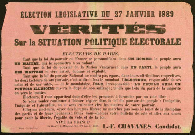 Ein altes Plakat mit den Worten "Vérités sur la Situation Politique Electorale" in weißer Schrift auf einem schwarzen Hintergrund.