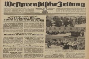 Alte deutsche Zeitungsvorderseite vom 13. November 1939 mit der Schlagzeile "Weitpreubliche Zeitung", die eine Gruppe in traditioneller deutscher Kleidung feiernd zeigt.