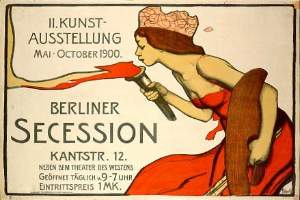 Plakat der Berliner Secession von 1900, das eine Frau in rotem Kleid zeigt, die ein Objekt hält, mit Text zu den Ereignisdetails.