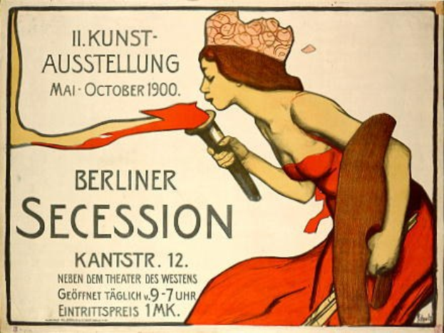 Plakat der Berliner Secession von 1900, das eine Frau in rotem Kleid zeigt, die ein Objekt hält, mit Text zu den Ereignisdetails.