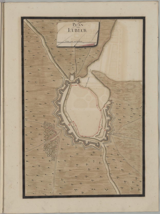 Ein detaillierter Stadtplan der Stadt Lübeck auf dem Umschlag eines alten Buches, der Straßen, Gebäude und Sehenswürdigkeiten zeigt, mit begleitendem Text über die Bevölkerung, Geschichte und Kultur der Stadt.