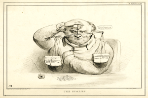 Ein Mann in einem Anzug sitzt an einem Tisch mit einer Waage der Gerechtigkeit, sieht entschlossen aus, mit Dokumenten, die Wörter und Zahlen enthalten.