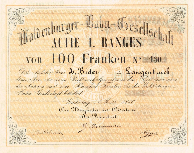 Altes deutsches Geldstück mit einem Mannesporträt, mit Text 'Haldenburger-Balm Gesellschaft Actie 1 Ranges' auf altem Papier.