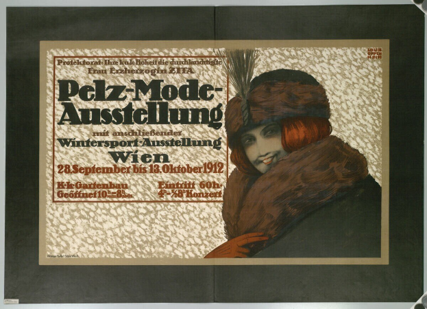 Ein Plakat, das ein Wintersportevent in Wien, Österreich, bewirbt, mit einer lachenden Frau in einem Pelzmantel und Hut sowie Event-Text.