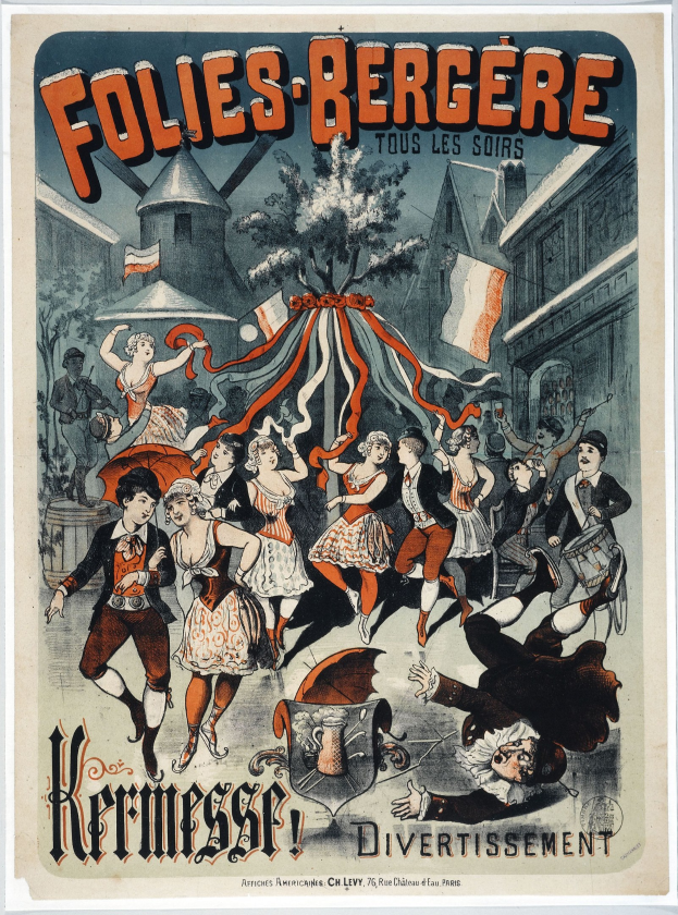 Plakat für das Folies Berg├Ęre-Festival in Paris mit tanzenden Menschen im Vordergrund und Geb├Ąuden, B├Ąumen und Flaggen im Hintergrund.