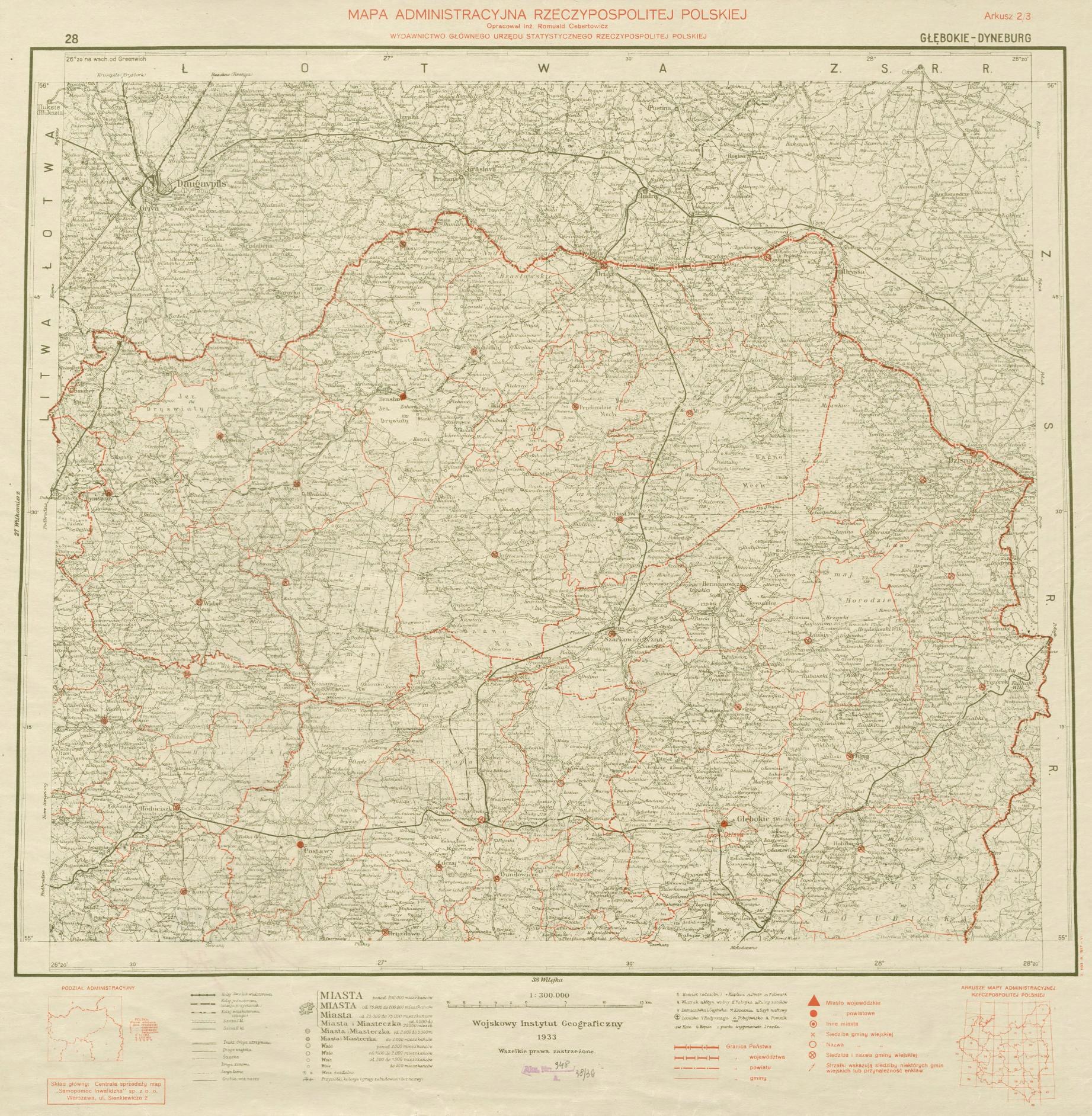 Alte Karte Polens mit einer roten Linie, die hindurchläuft, begleitet von Text auf altem Papier.