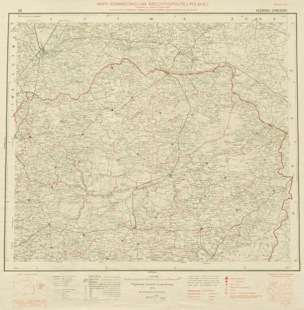 Alte Karte Polens mit einer roten Linie, die hindurchläuft, begleitet von Text auf altem Papier.
