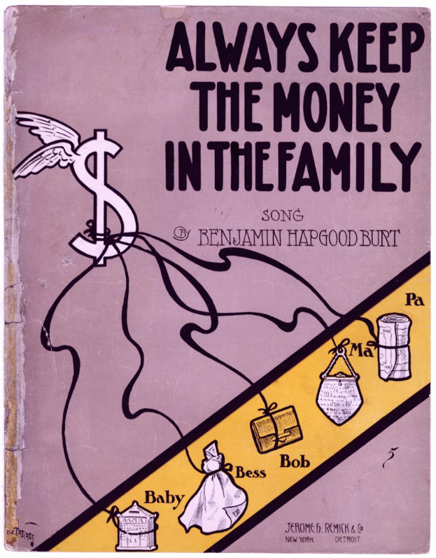 Ein Plakat mit der Aufschrift "Immer das Geld in der Familie lassen" in fetter schwarzer Schrift auf einem weißen Hintergrund, mit einer bunten Illustration einer glücklichen Familie von vier Personen, die in einem Kreis gegen einen hellblauen Himmel mit weißen Wolken stehen.