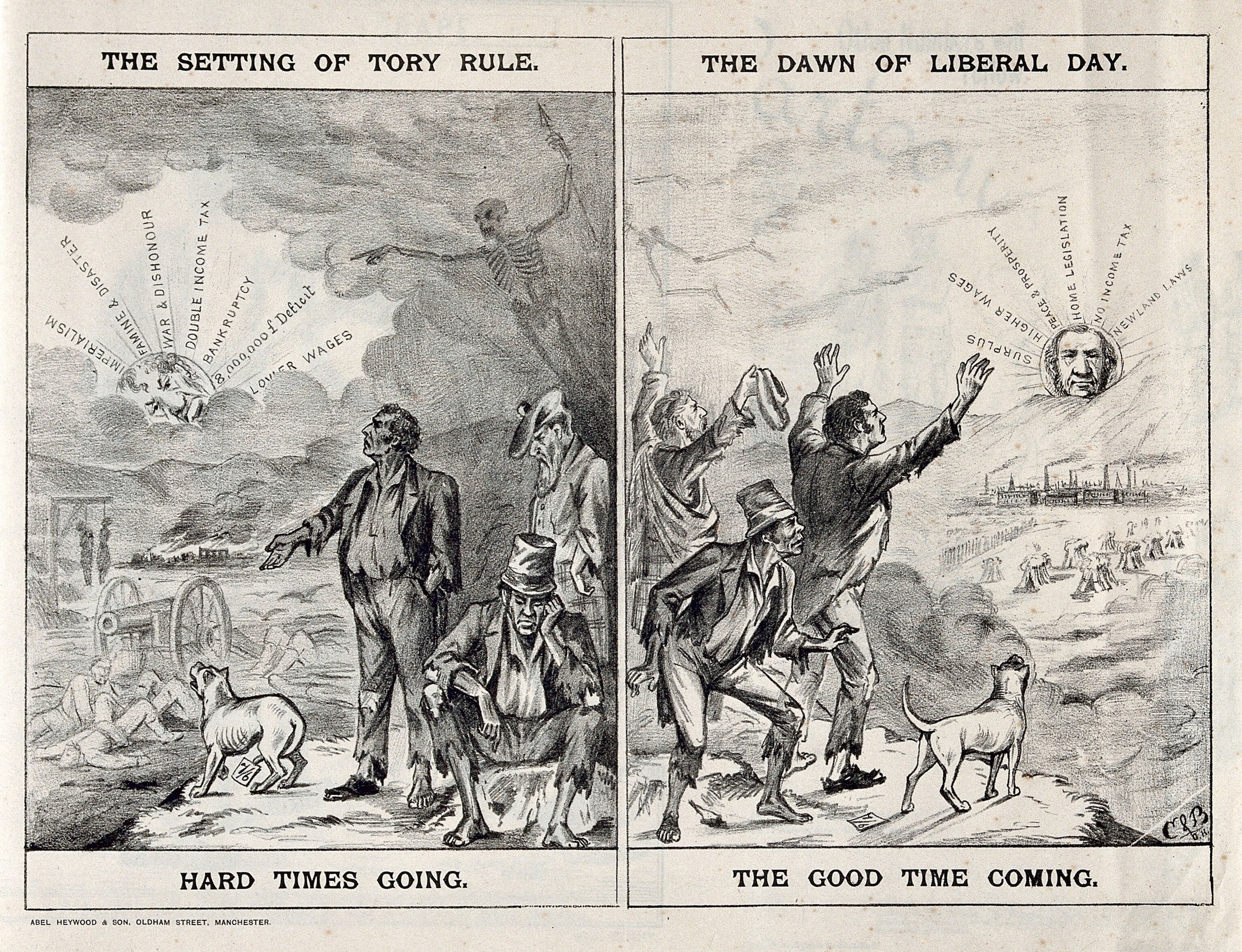 Schwarz-weiß-Illustration, die den Übergang von Tory-Regelung zu liberaler Regierung zeigt, mit Menschen, Tieren und Gegenständen.