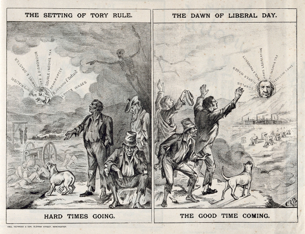Schwarz-weiß-Illustration, die den Übergang von Tory-Regelung zu liberaler Regierung zeigt, mit Menschen, Tieren und Gegenständen.