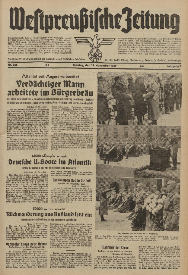 Schwarze und wei├če Titelseite einer deutschen Zeitung vom 13. November 1939, betitelt mit 'Weitpreubliche Zeitung', zeigt eine Gruppe von Menschen in traditioneller deutscher Tracht feiernd.