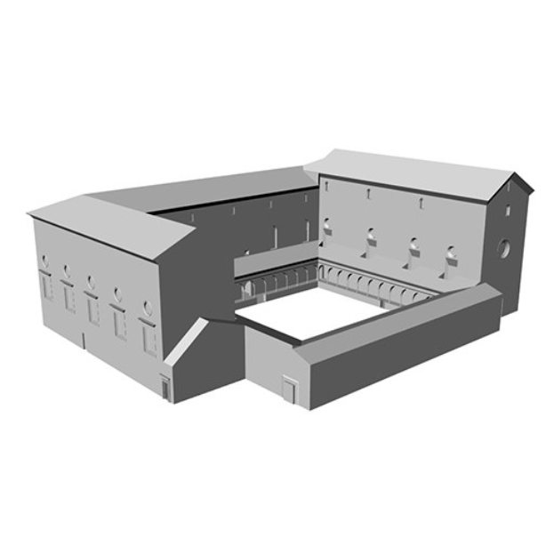 3D-animiertes Modell eines Konzertsaals mit zahlreichen Fenstern, dargestellt in einem lebendigen und farbenfrohen Stil.