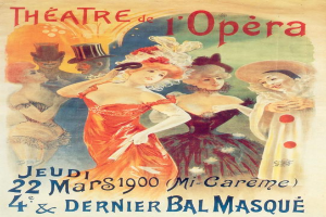 Ein Plakat, das das Théâtre de l'Opéra in Paris ankündigt, zeigt eine Gruppe von Menschen in bunten Kostümen und fetter Schrift, wahrscheinlich eine Opernvorstellung.