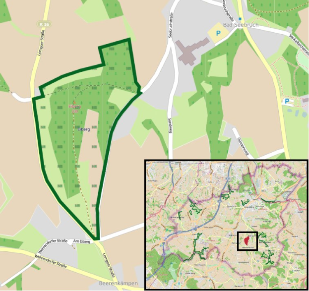 Eine detaillierte Stadtkarte mit einem zentralen grünen Bereich, der für die geplante Entwicklung markiert ist, umgeben von Straßen, Gebäuden und Sehenswürdigkeiten.