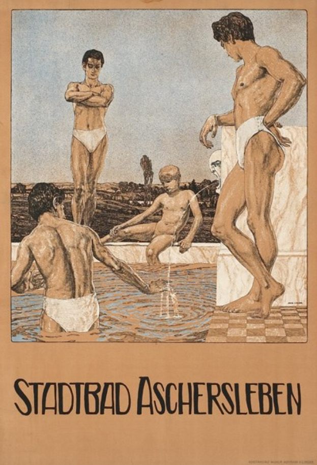 Ein Plakat wirbt für ein Schwimmbad in Aschersleben, Deutschland, das eine Gruppe von Menschen im Wasser zeigt, wobei eine Person im Pool sitzt, und Text, der Informationen über das Schwimmbad und seine Einrichtungen enthält.