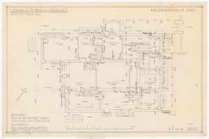 Blaupause eines Hauses mit der Bezeichnung "Landhaus in Berlin" auf Papier gezeichnet, wahrscheinlich Architekturentwurf.