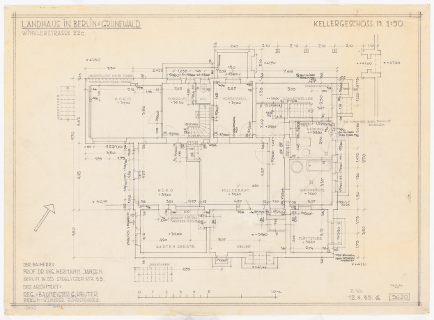 Blaupause eines Hauses mit der Bezeichnung "Landhaus in Berlin" auf Papier gezeichnet, wahrscheinlich Architekturentwurf.