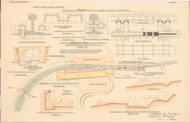 Ein detailliertes Bild eines alten Buchumschlags mit einer Illustration einer Eisenbahnschiene, mit sorgfältigen Skizzen und Text, der eine Eisenbahnanlage umreißt.
