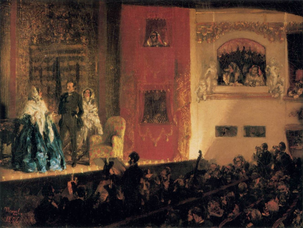 Ein Gemälde namens 'Die Oper' aus dem Jahr 1856 zeigt eine Gruppe von Darstellern auf einer Bühne, einige spielen Instrumente, mit einem Publikum davor und einer Wand im Hintergrund.
