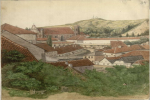 Gemälde einer kleinen Stadt mit einer Kirche im Hintergrund, umgeben von Bäumen, Hügeln und einem klaren blauen Himmel, unten mit "Wiesbaden, Deutschland, 1824" beschriftet.