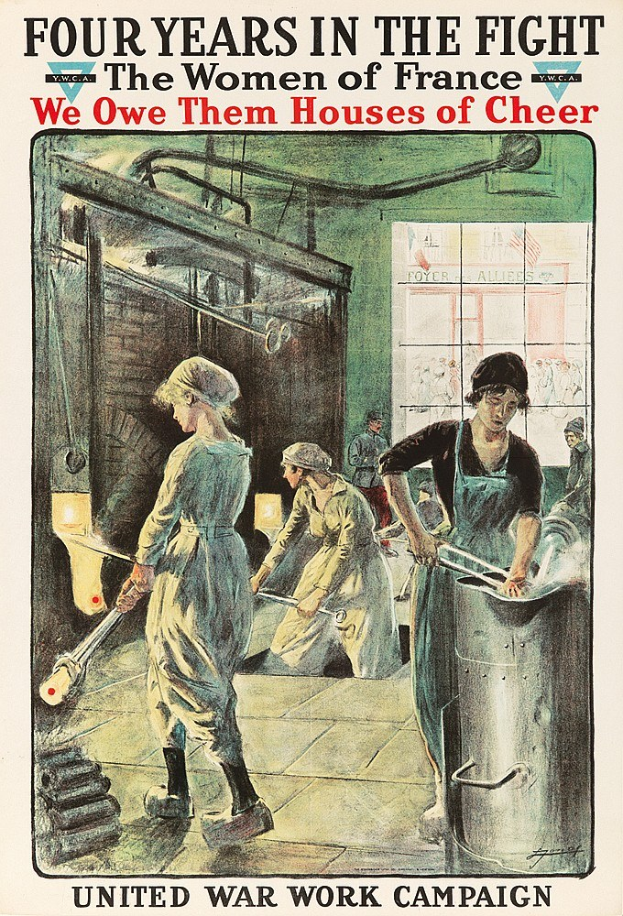 Plakat, das vier Frauen in einer Reihe mit entschlossenen Gesichtern zeigt, betitelt mit 'Wir schulden ihnen Häuser der Freude'