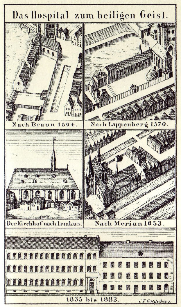 Eine detaillierte Zeichnung eines deutschen Krankenhausgebäudes auf einem Plakat, mit sichtbaren Fenstern, Türen und Balkonen, begleitet von Text, der seine Größe, Lage und Merkmale beschreibt.