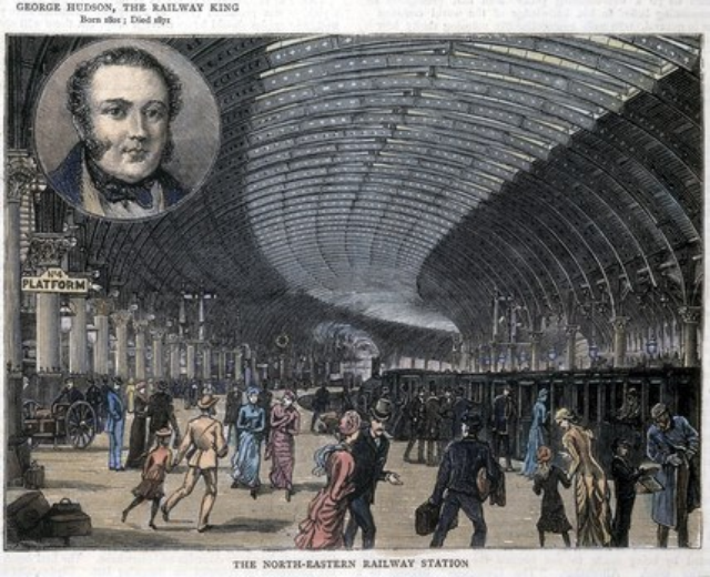 Gravur eines 19. Jahrhundert-Bahnhofs mit Menschen, Säulen und einem Wagen, mit George Hudson oben und Text unten.