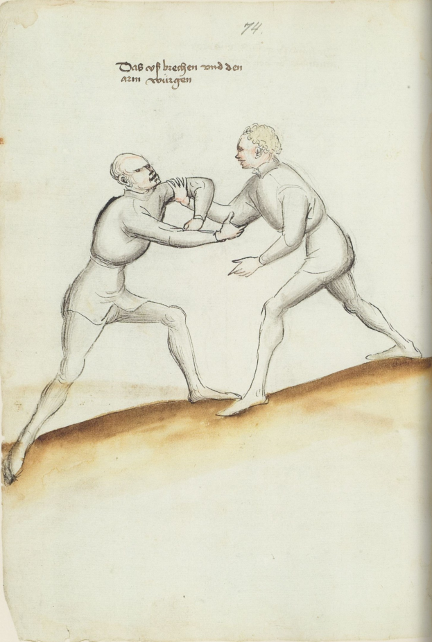 Zwei Männer in tätlichem Streit, einer schlägt nach dem anderen, auf einem Papier mit Text.