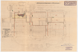 Schwarz-weißer Architekturplan des Rosenhof Hospitals in Hamburg, Deutschland, mit detaillierten Grundrissen und beschrifteten Räumen, Gängen und umfangreicher Verdrahtung.