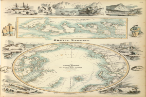 Altes Buch mit detaillierter Landkarte der Arktis mit Illustrationen von Menschen, Tieren und Text.