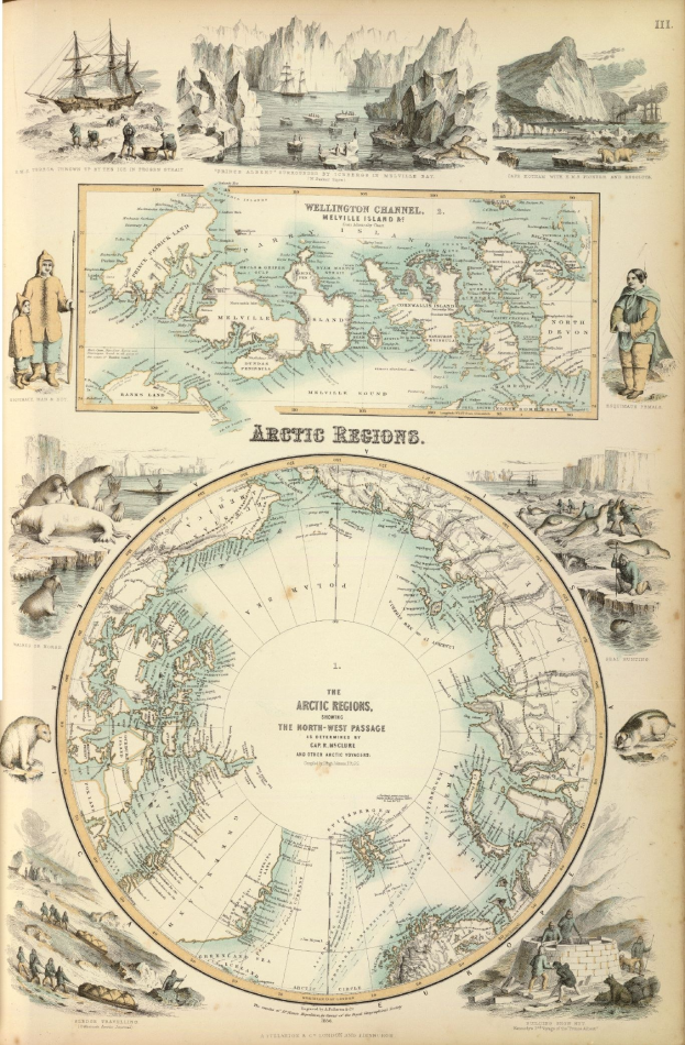 Altes Buch mit detaillierter Landkarte der Arktis mit Illustrationen von Menschen, Tieren und Text.