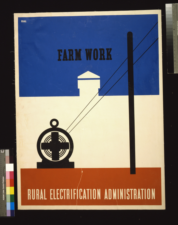 Ein Plakat mit großer, schwarzer Schrift, die 'Landwirtschaftliche Elektrizitätsverwaltung' auf einem weißen Hintergrund zeigt, eingerahmt von einem schmalen schwarzen Rand, mit einer Grafik eines Bauernhofs mit einem Traktor und einem Scheunengebäude.