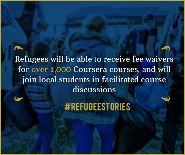 Plakat, das kostenlose Zugänge zu über 1.000 Coursera-Kursen für Flüchtlinge und geförderte Kursdiskussionen mit lokalen Studenten ankündigt, mit mehreren Personen im Hintergrund, die Taschen tragen.