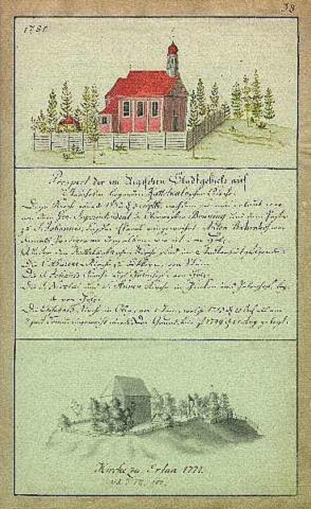 Altes Buch mit einer Illustration eines roten Hauses umgeben von Bäumen und einem Zaun, betitelt 'Deutsche Schule in den Niederlanden, 1777'.