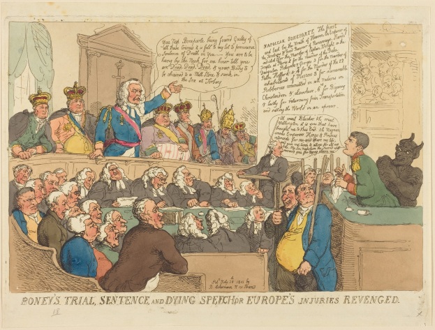 Cartoon-Illustration einer Gerichtsszene mit einem stehenden Mann in der Mitte, einem Tisch mit Gegenständen rechts und dem Text "Boney's Trial, Sentence and Dying Speech Europe's Injuries Revenged" unten.