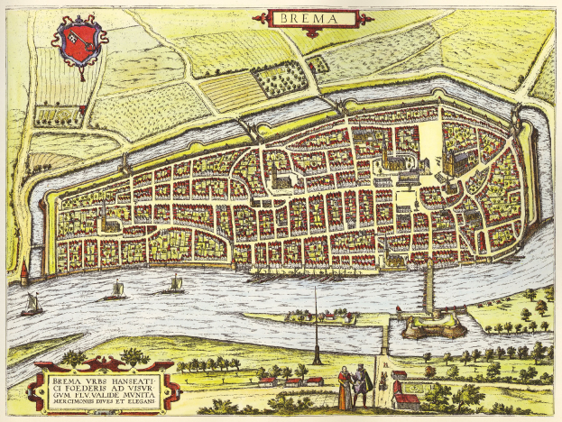 Detailreiche illustrierte Stadtplan-Poster von Bremen, Deutschland, mit Straßen, Gebäuden und Landmarken sowie begleitendem Text.