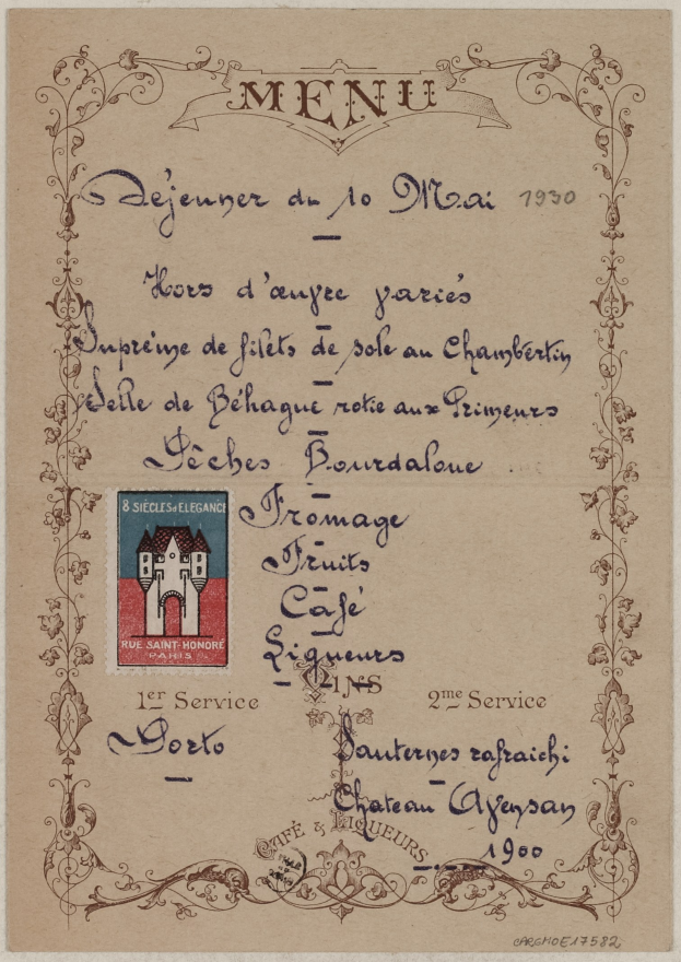 Vintage-Menükarte mit einem Hausillustration, Text und einem Stempel.