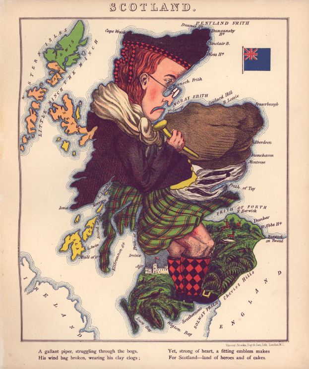 Eine alte Landkarte von Schottland mit einem Mann in traditioneller Highland-Kleidung, der eine Dudelsack spielt, mit gedrucktem Text und einer Flagge auf dem Papier.