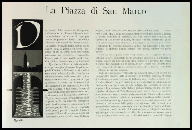 Ein Blatt mit Text in einer klassischen Schriftart und einer detaillierten Illustration des Markusplatzes in Venedig, das die Pracht und Geschichte der Stadt hervorhebt.