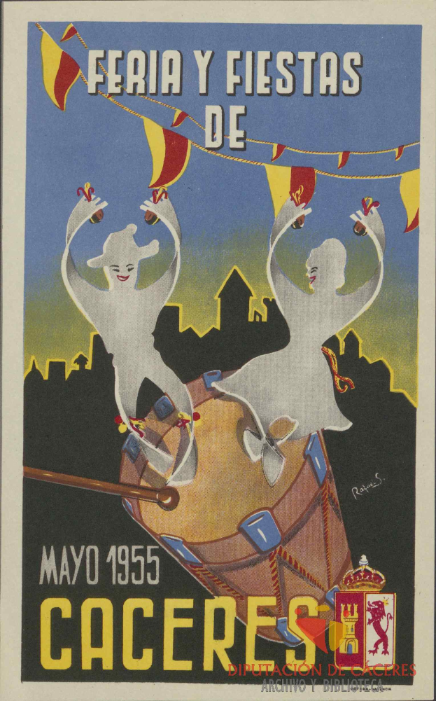 Ein buntes Plakat bewirbt das Karnevalsfest "Feria y Fiestas de Caceres" in Cáceres, Spanien, mit Menschen in traditioneller Kleidung, einem hellgelben Hintergrund und Veranstaltungseinzelheiten.