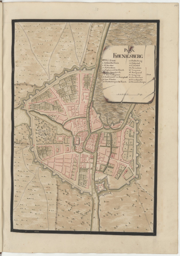 Altes Buch mit einem detaillierten Stadtplan von Hohensberg, Deutschland, der Straßen, Gebäude und Sehenswürdigkeiten zeigt.