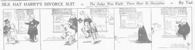 Cartoon-Illustration eines Mannes in einem schwarzen Anzug mit weißem Hemd und schwarzer Krawatte und einer Frau in einem eleganten Kleid mit einem schwarzen Schal, beide mit ernsten Gesichtern, beschriftet mit "Scheidungsklage".